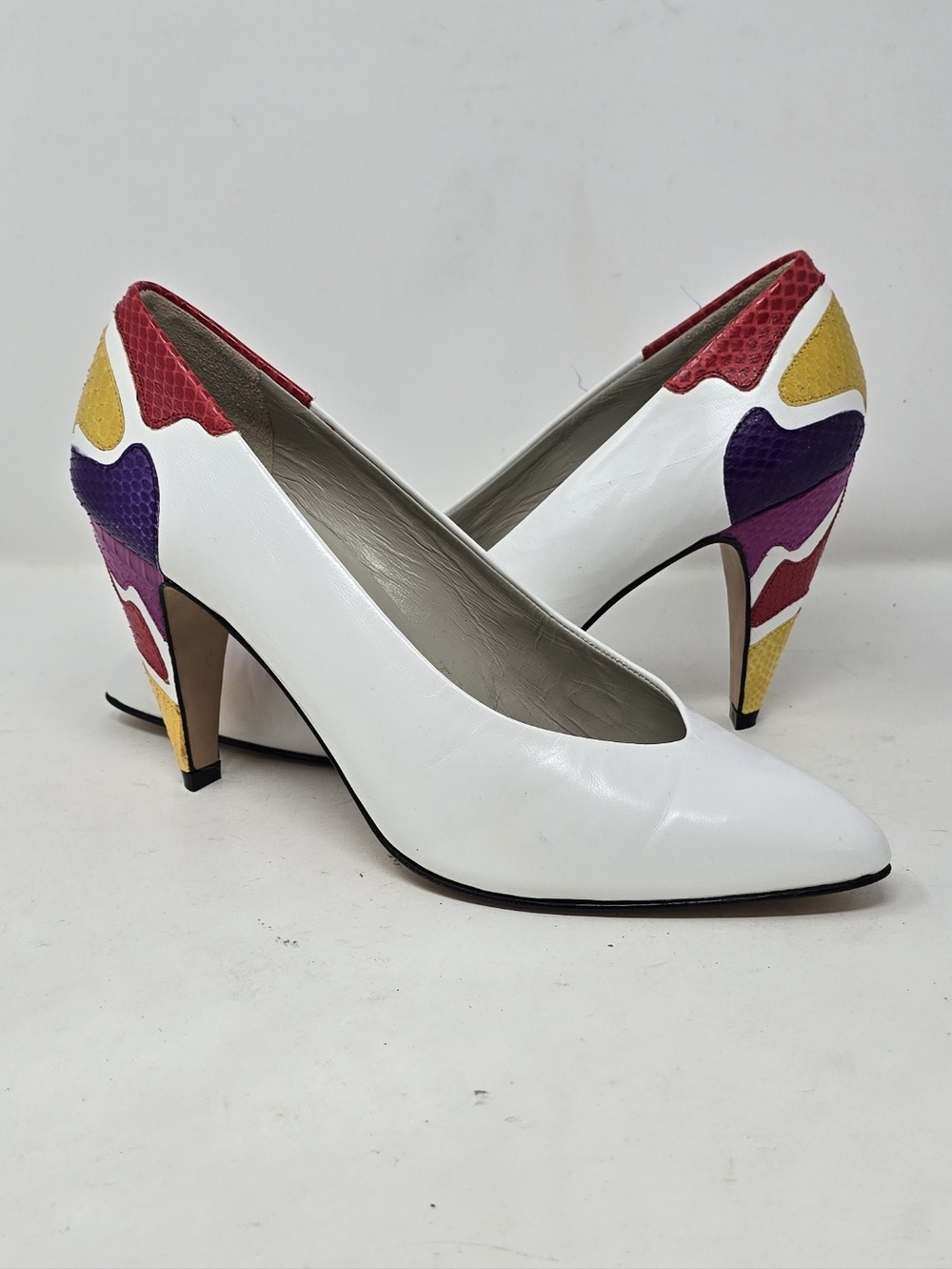 Vtg 80s Via Spiga women 8B white leather heels color block sculptural heel Italy
